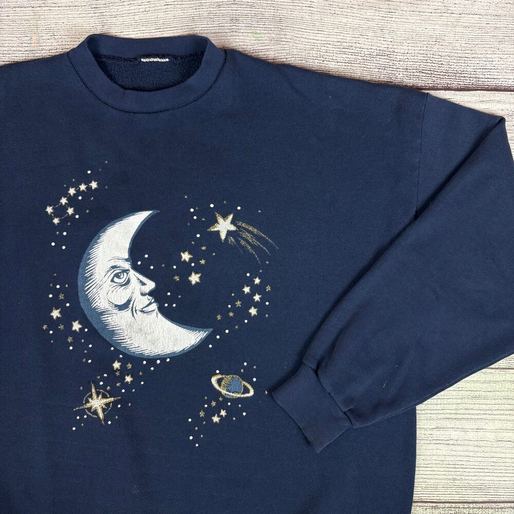 Vintage 1990s Moon Graphic Navy Blue Crewneck